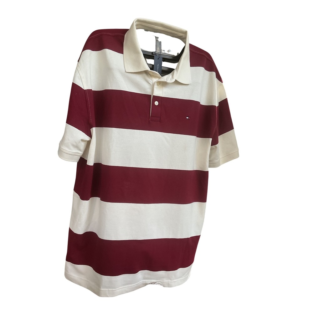 Tommy Hilfiger Mens XXL Slim Fit Stretch Striped Polo Shirt Burgundy White NEW